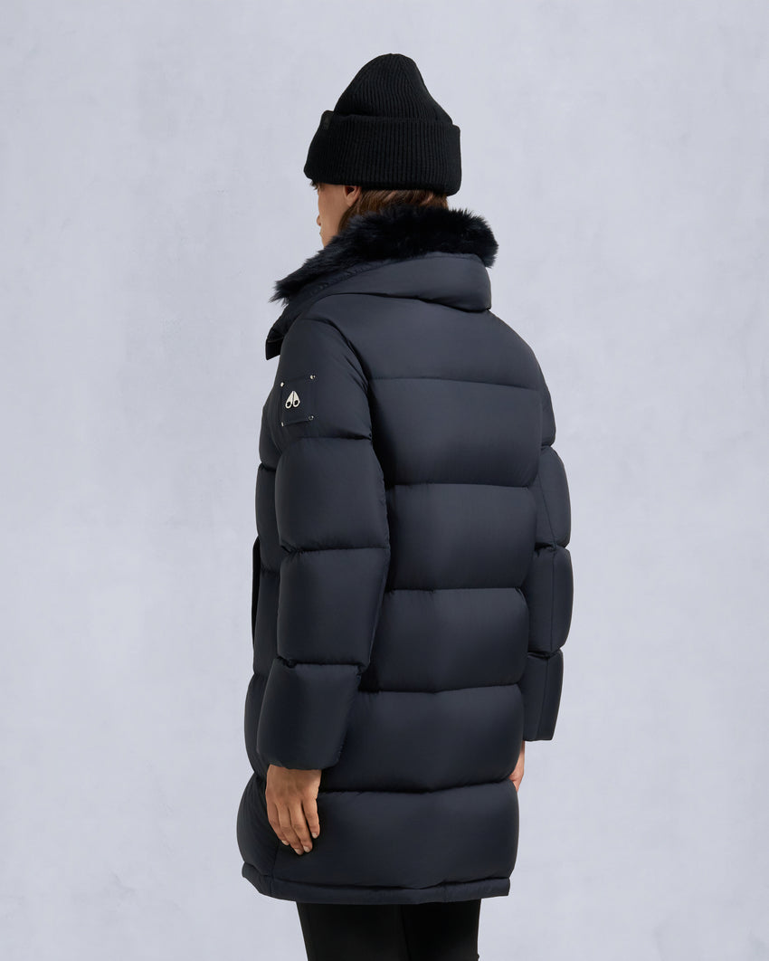 BELLE DUNE LONG SHEARLING TRIM PUFFER-NAVY